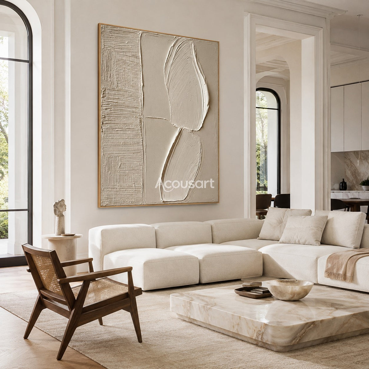 Neutral textured abstract wall art with raised white curved shapes, beige background, and layered line texture