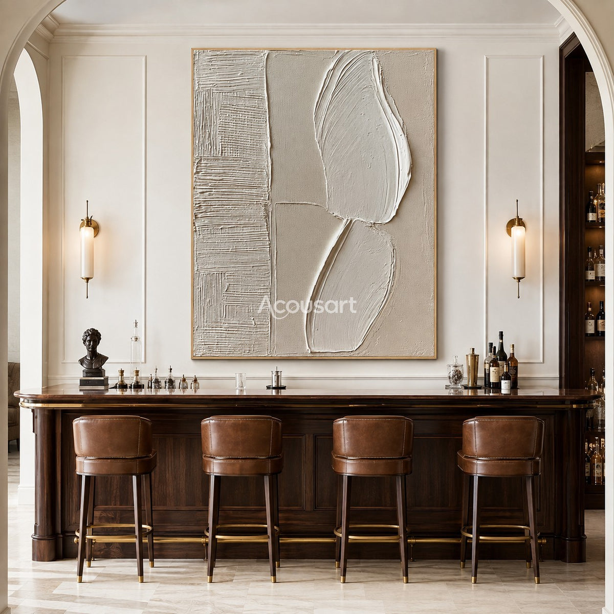 Neutral textured abstract wall art with raised white curved shapes, beige background, and layered line texture