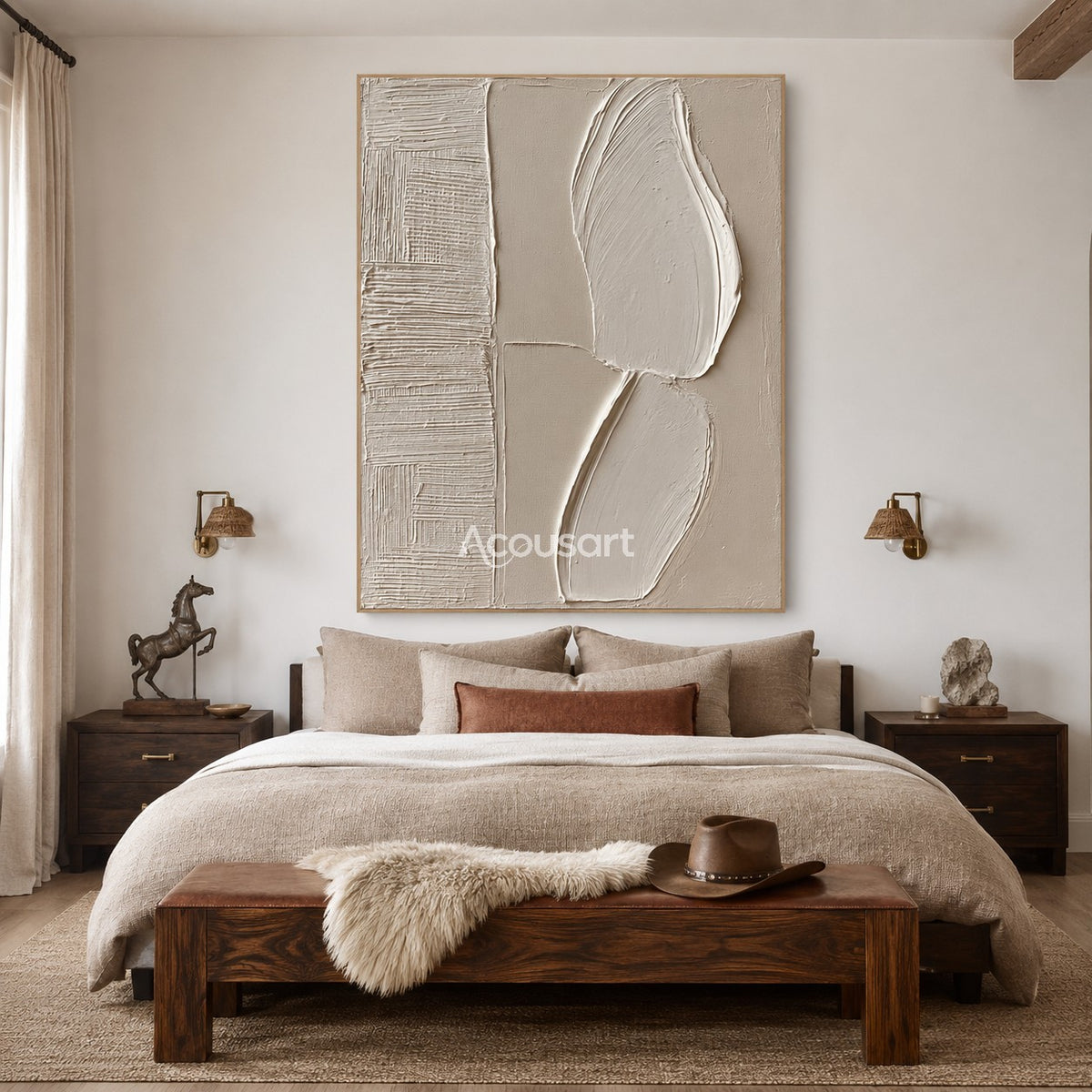 Neutral textured abstract wall art with raised white curved shapes, beige background, and layered line texture