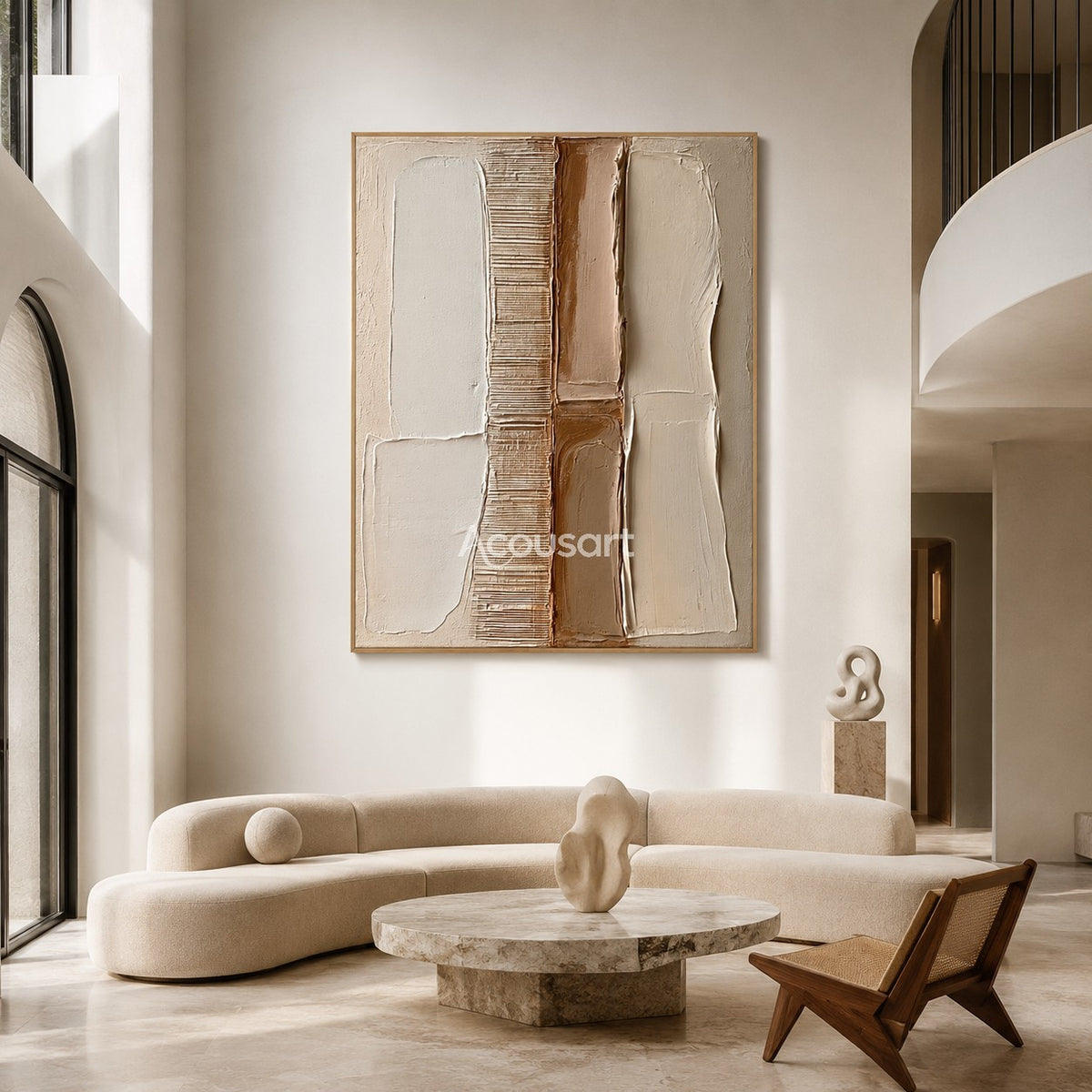 Neutral textured abstract wall art with vertical white, beige, tan, clay brown, and ribbed line panels