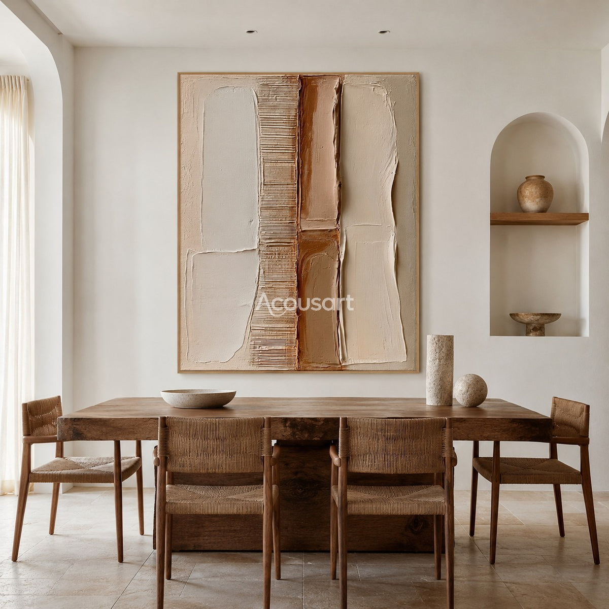 Neutral textured abstract wall art with vertical white, beige, tan, clay brown, and ribbed line panels