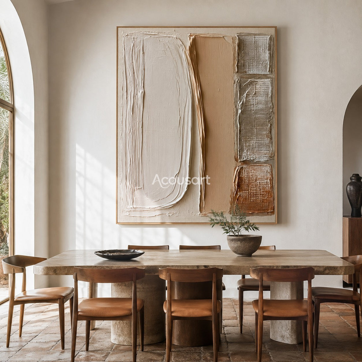 Neutral textured abstract wall art with vertical cream, beige, tan, taupe, and rust brown panels with raised handmade texture