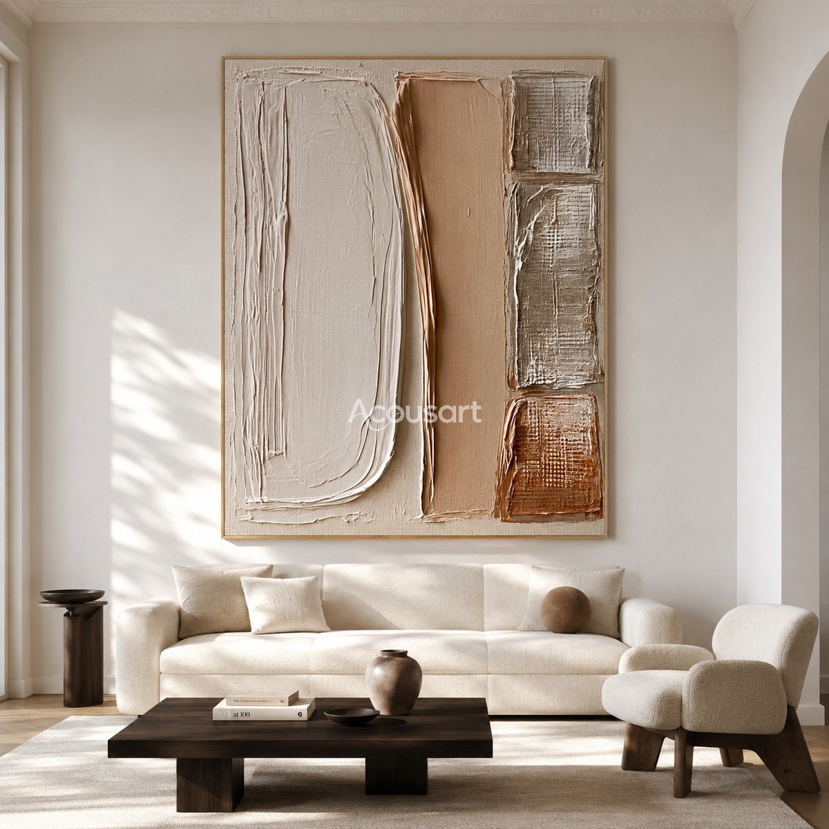 Neutral textured abstract wall art with vertical cream, beige, tan, taupe, and rust brown panels with raised handmade texture