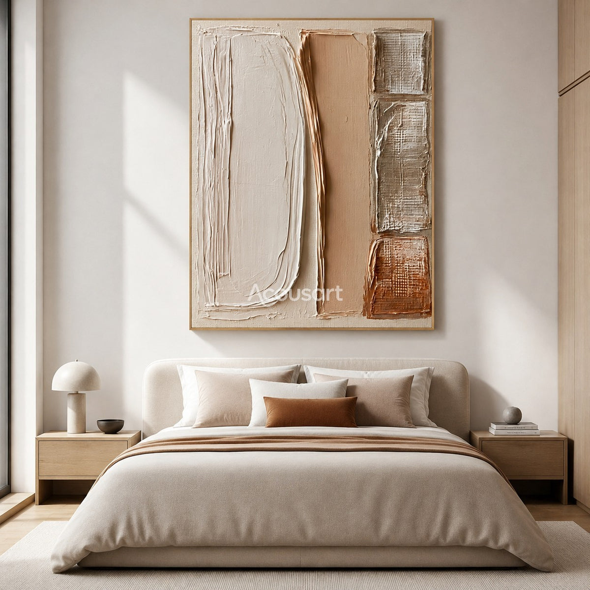 Neutral textured abstract wall art with vertical cream, beige, tan, taupe, and rust brown panels with raised handmade texture