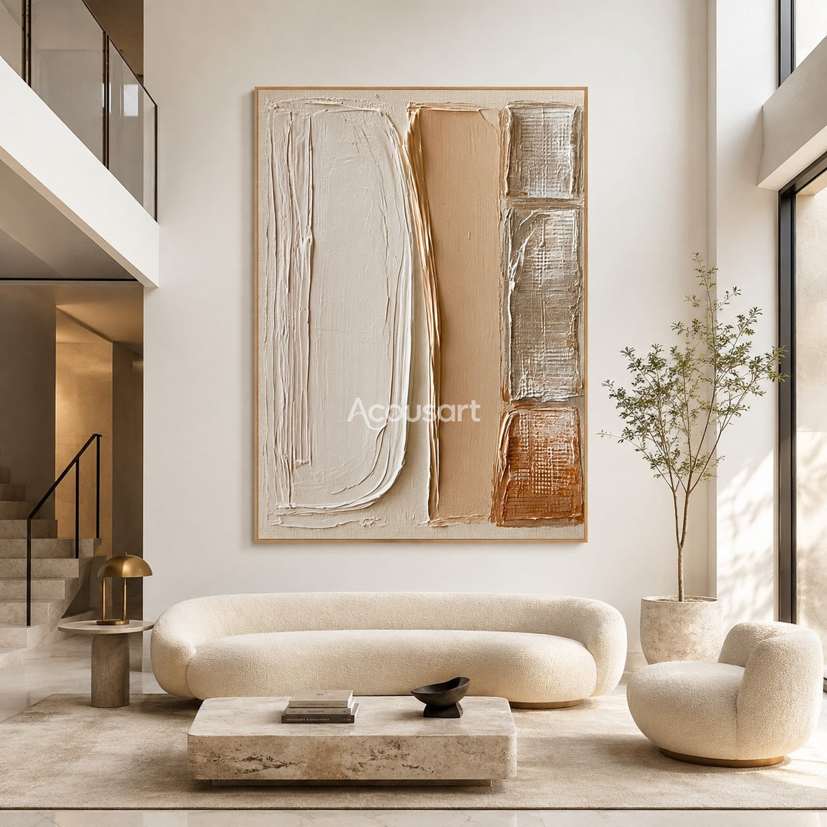 Neutral textured abstract wall art with vertical cream, beige, tan, taupe, and rust brown panels with raised handmade texture