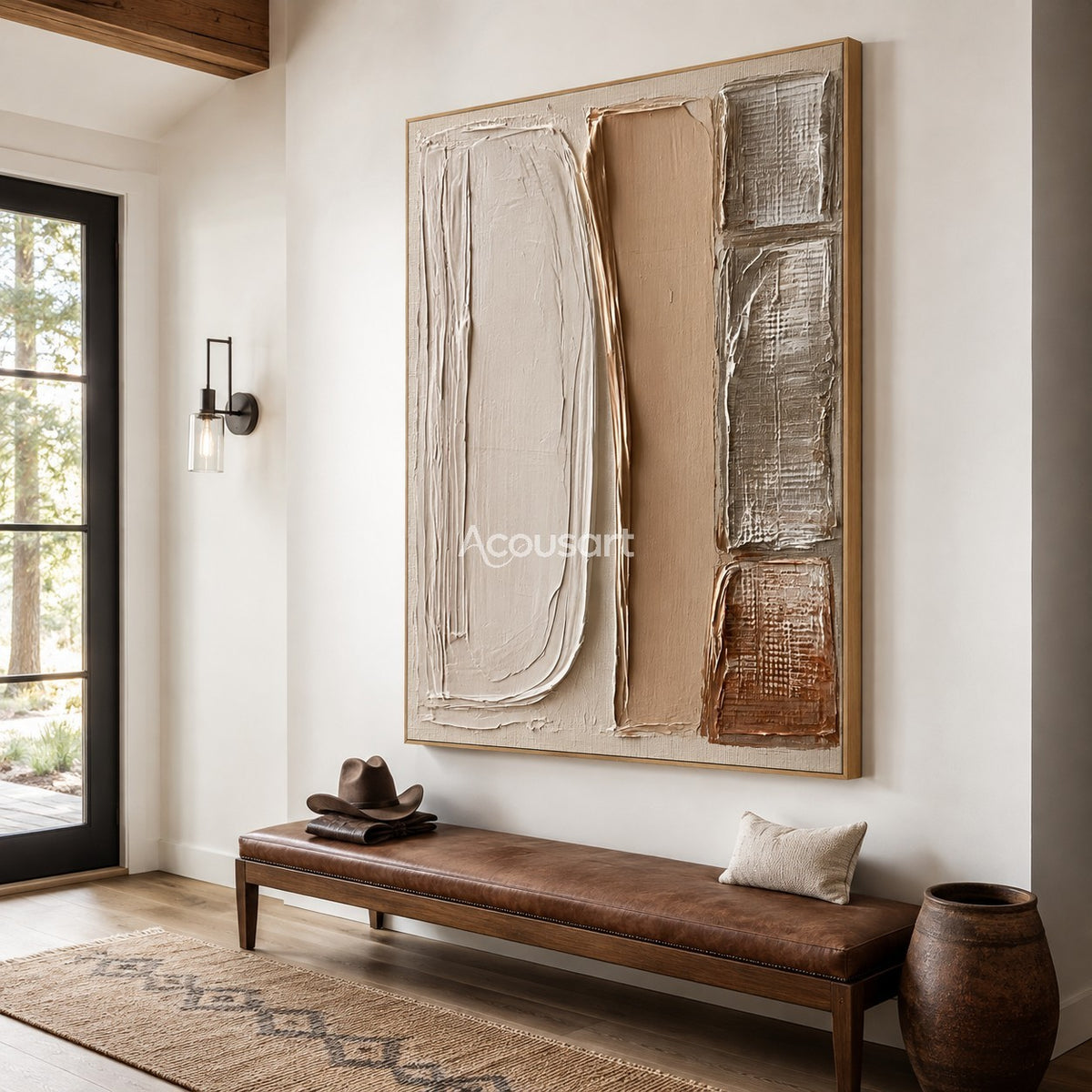 Neutral textured abstract wall art with vertical cream, beige, tan, taupe, and rust brown panels with raised handmade texture