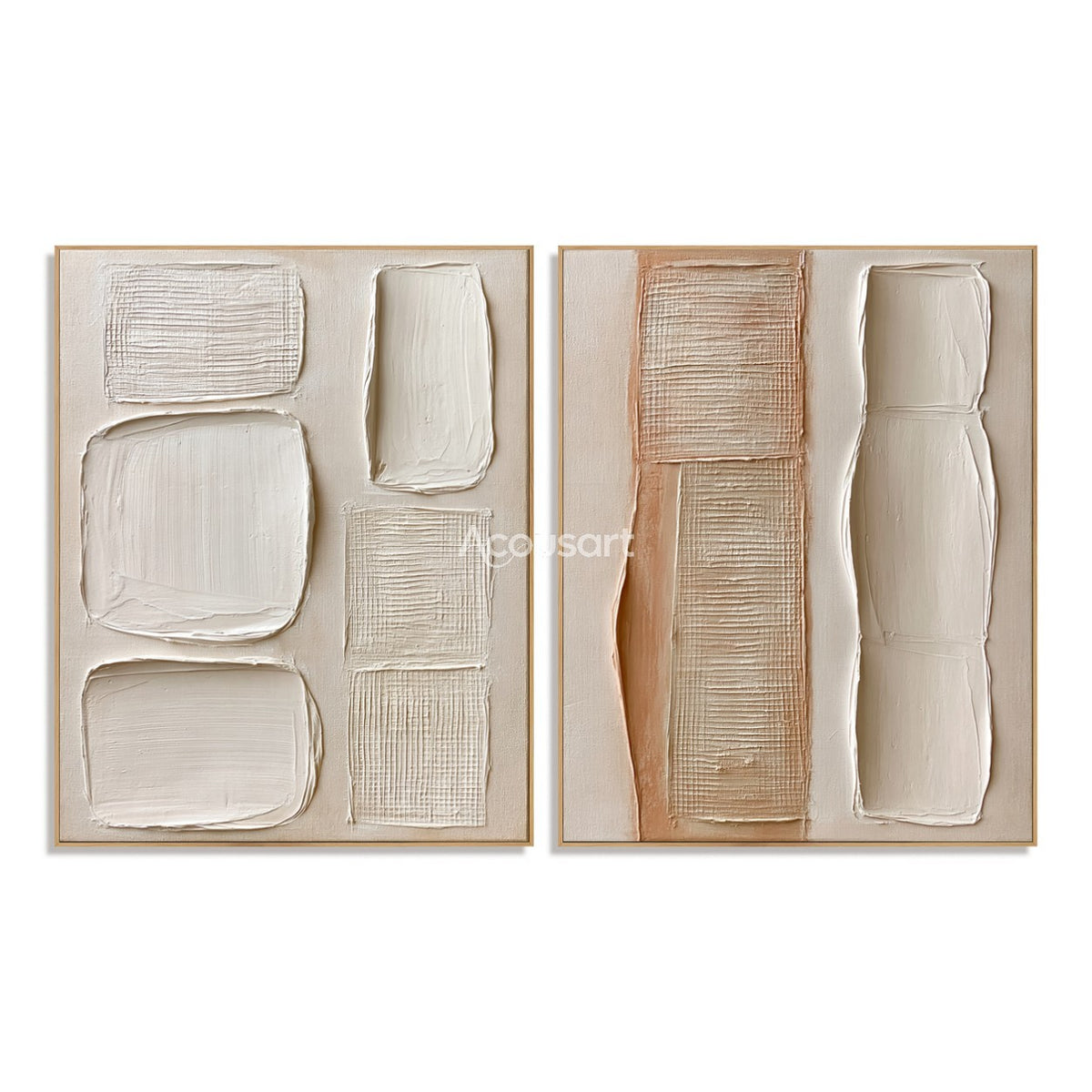 Neutral textured diptych wall art with cream raised blocks, woven texture, beige panels, and soft clay tones