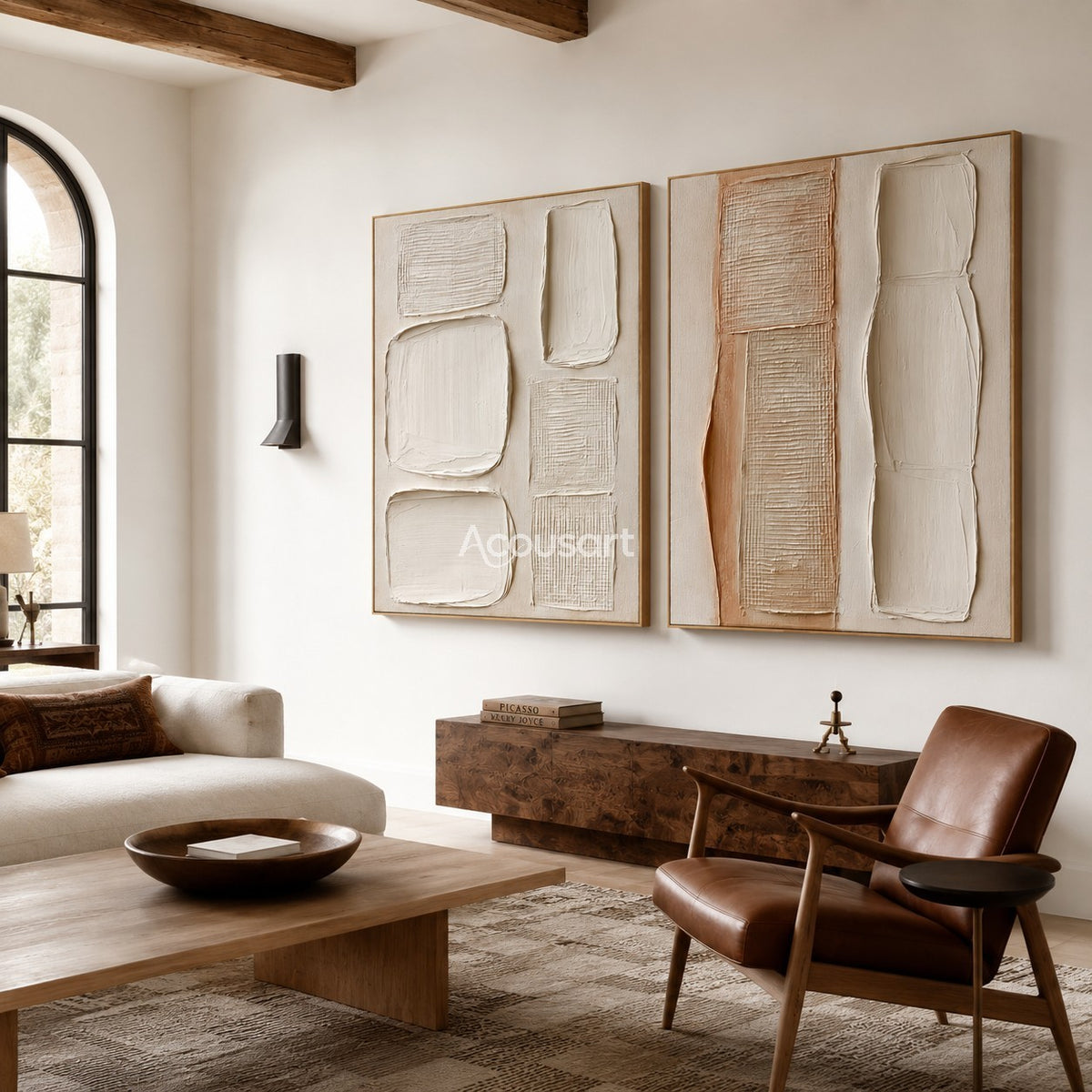 Neutral textured diptych wall art with cream raised blocks, woven texture, beige panels, and soft clay tones