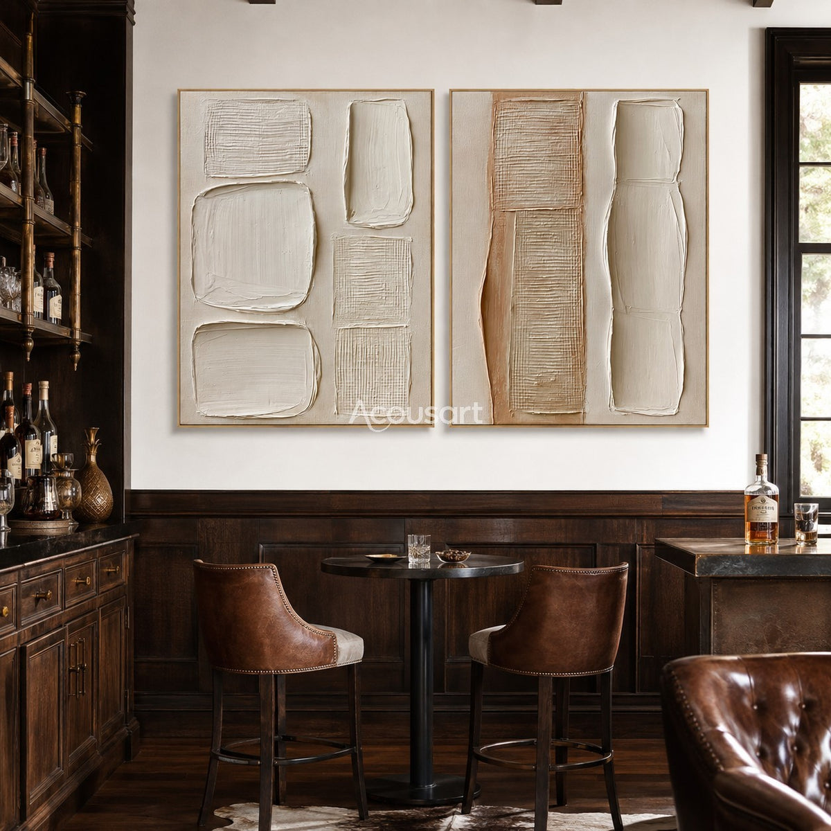 Neutral textured diptych wall art with cream raised blocks, woven texture, beige panels, and soft clay tones