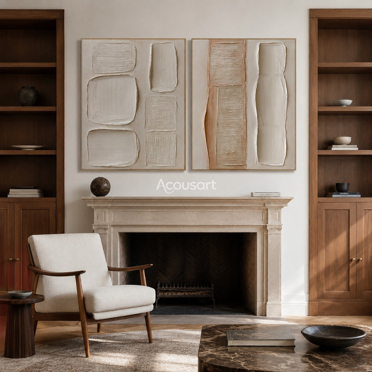 Neutral textured diptych wall art with cream raised blocks, woven texture, beige panels, and soft clay tones
