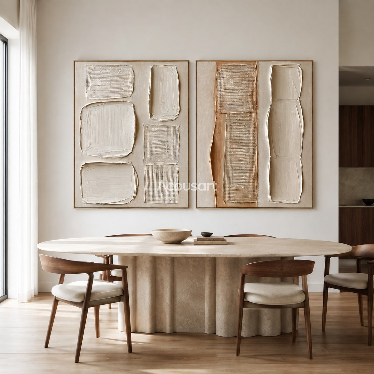 Neutral textured diptych wall art with cream raised blocks, woven texture, beige panels, and soft clay tones