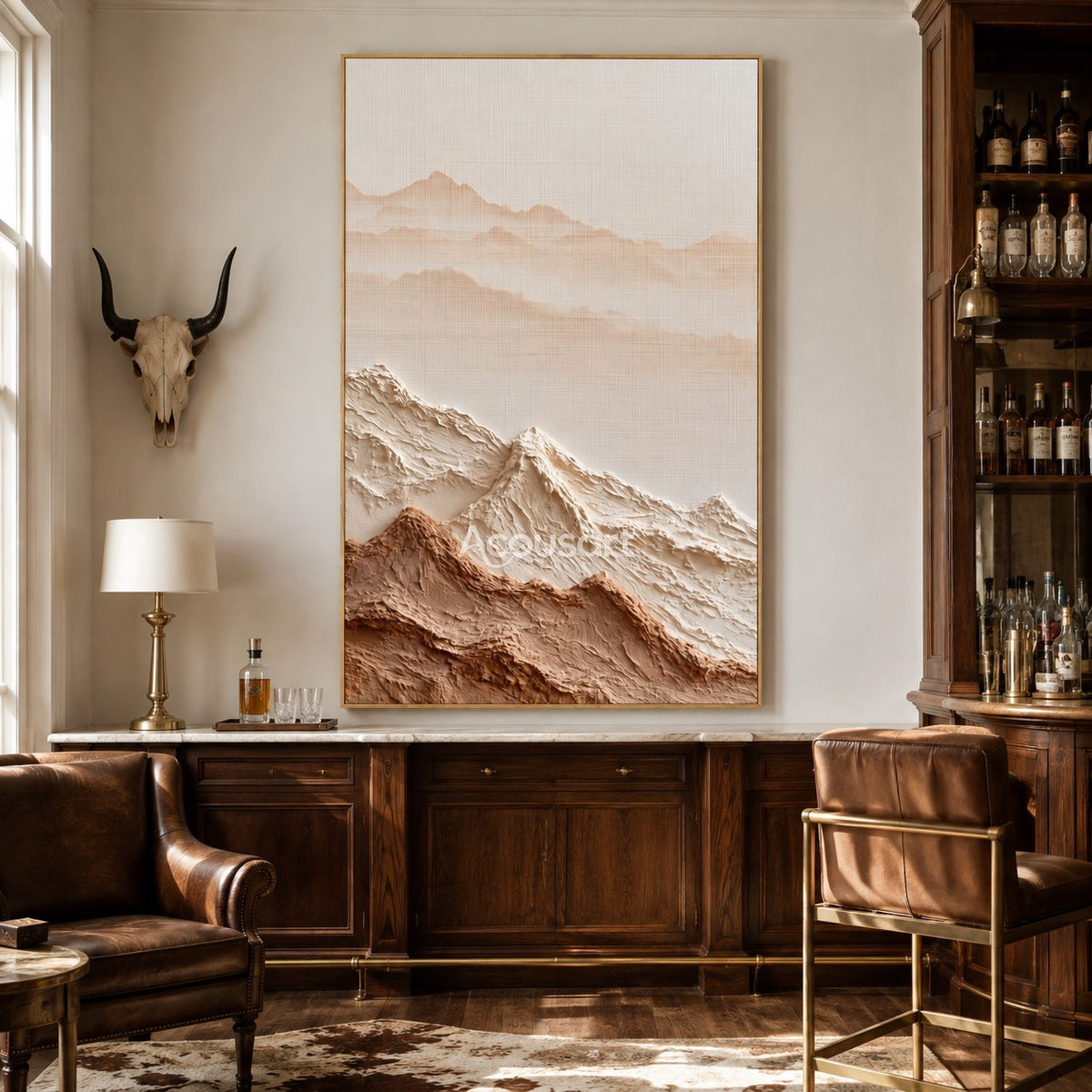 Neutral mountain textured wall art with raised cream and beige peaks, soft distant mountains, and warm earthy tones
