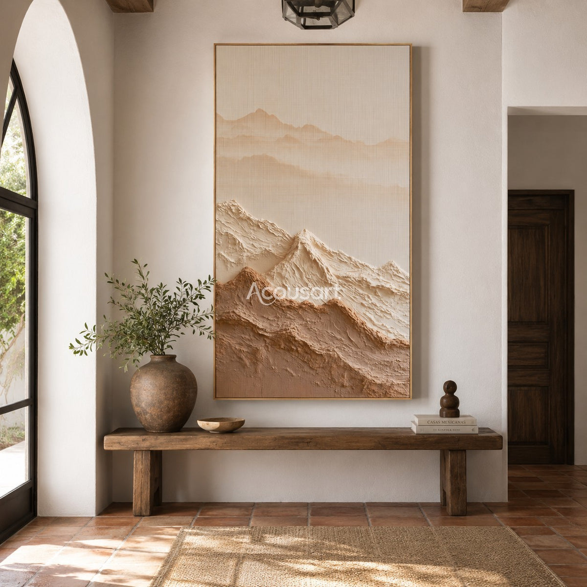Neutral mountain textured wall art with raised cream and beige peaks, soft distant mountains, and warm earthy tones