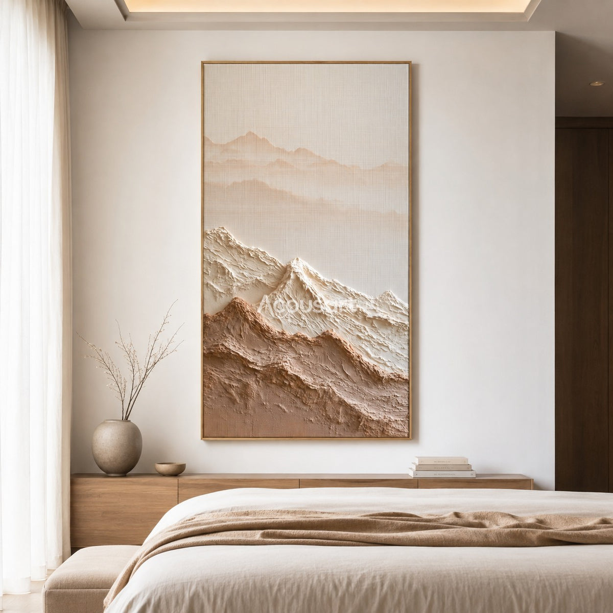 Neutral mountain textured wall art with raised cream and beige peaks, soft distant mountains, and warm earthy tones