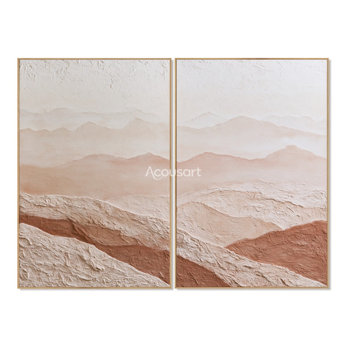 Neutral mountain diptych wall art with soft desert hills, raised cream texture, beige layers, and warm terracotta tones