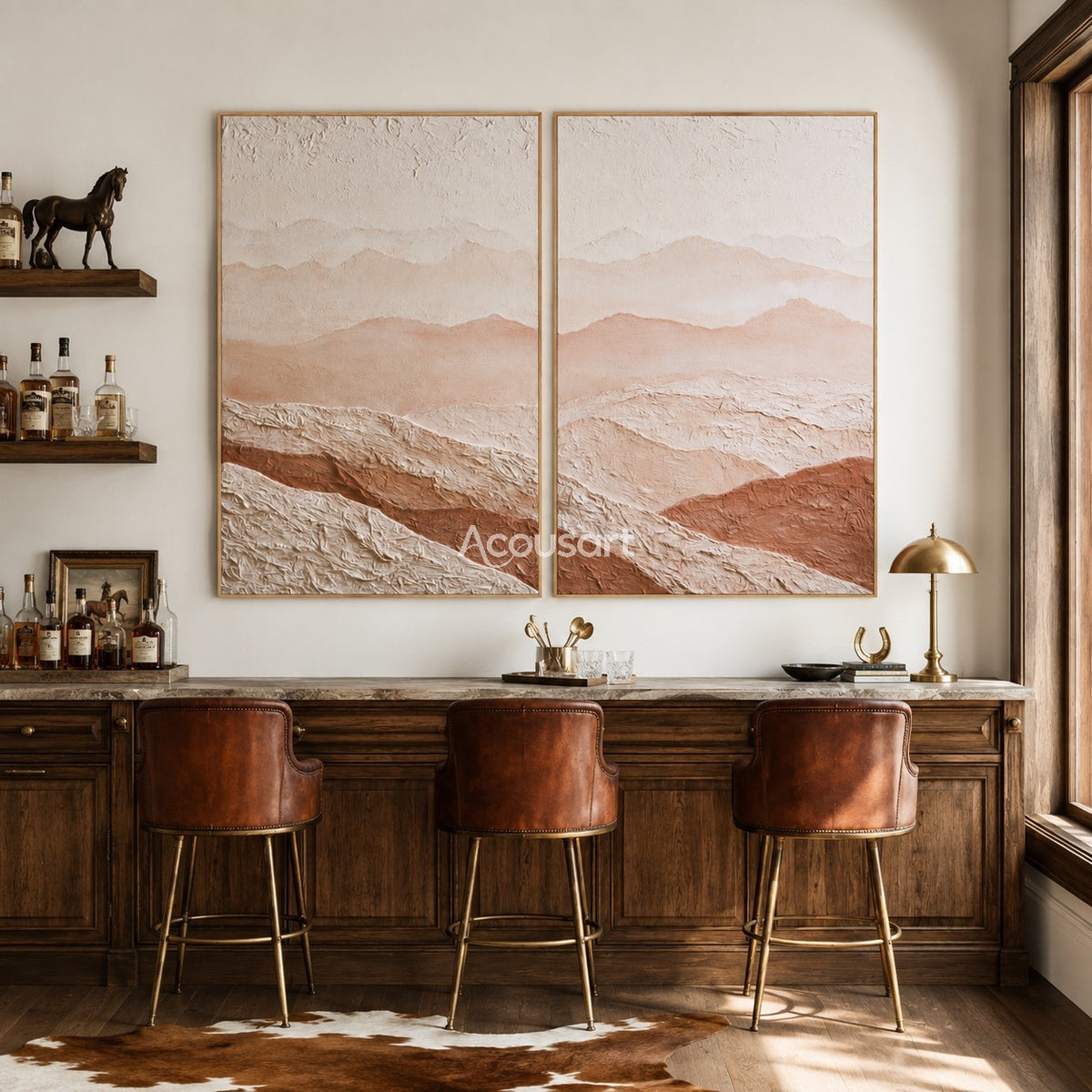 Neutral mountain diptych wall art with soft desert hills, raised cream texture, beige layers, and warm terracotta tones