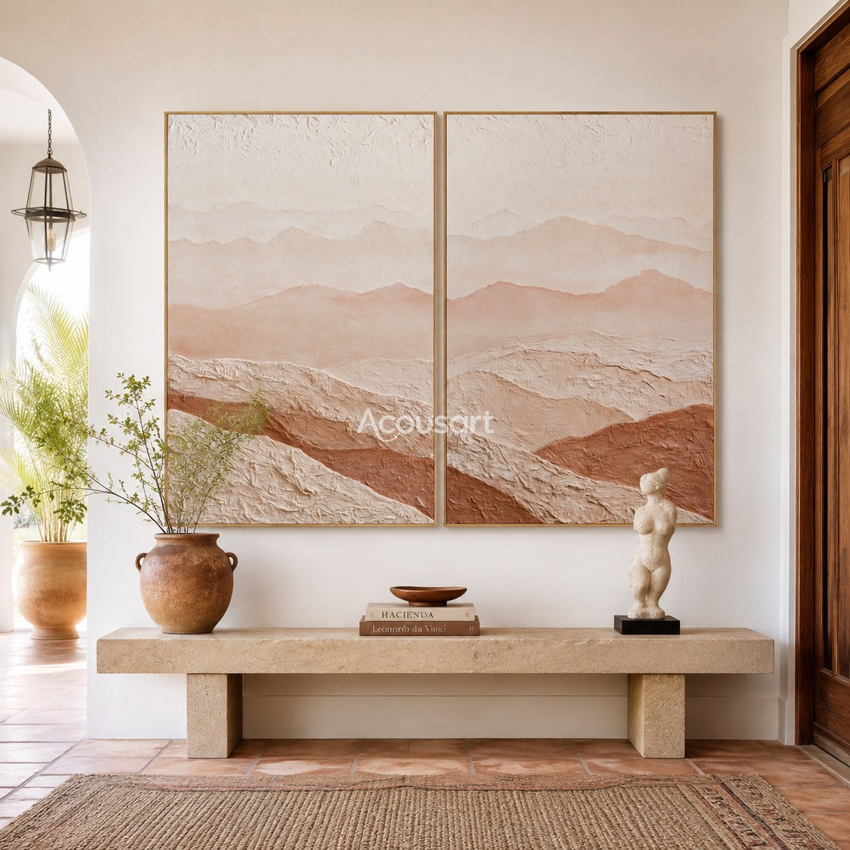 Neutral mountain diptych wall art with soft desert hills, raised cream texture, beige layers, and warm terracotta tones