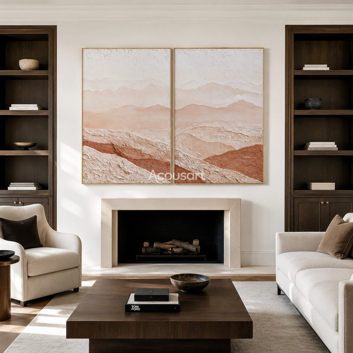 Neutral mountain diptych wall art with soft desert hills, raised cream texture, beige layers, and warm terracotta tones
