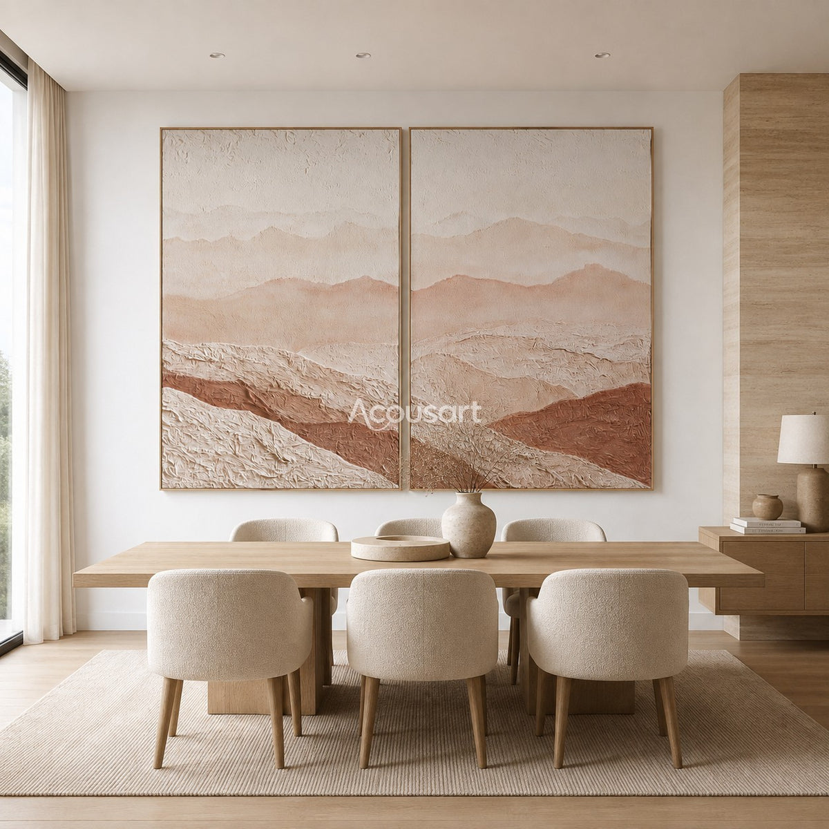 Neutral mountain diptych wall art with soft desert hills, raised cream texture, beige layers, and warm terracotta tones