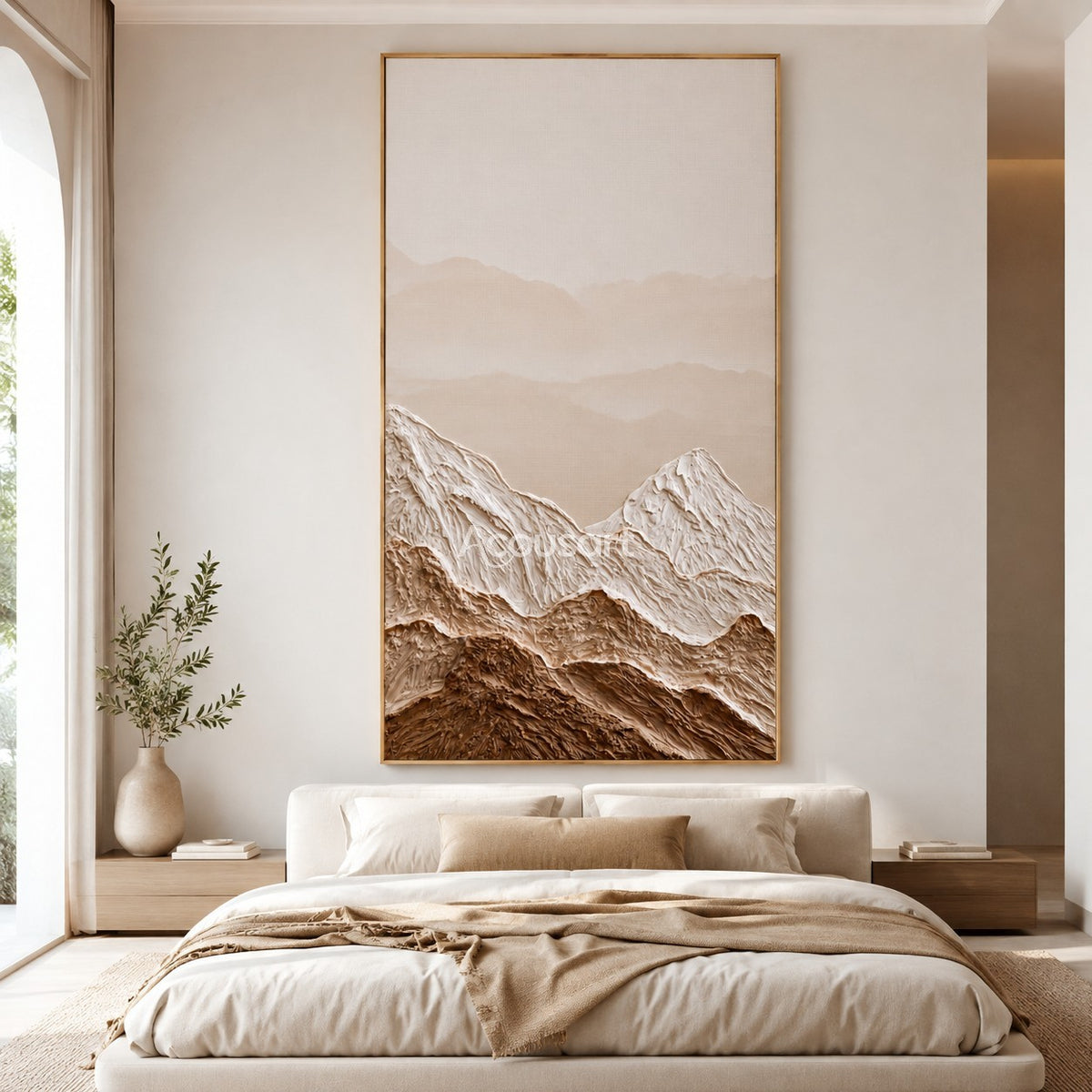Neutral mountain textured wall art with raised cream peaks, warm brown desert hills, soft beige sky, and earthy tones