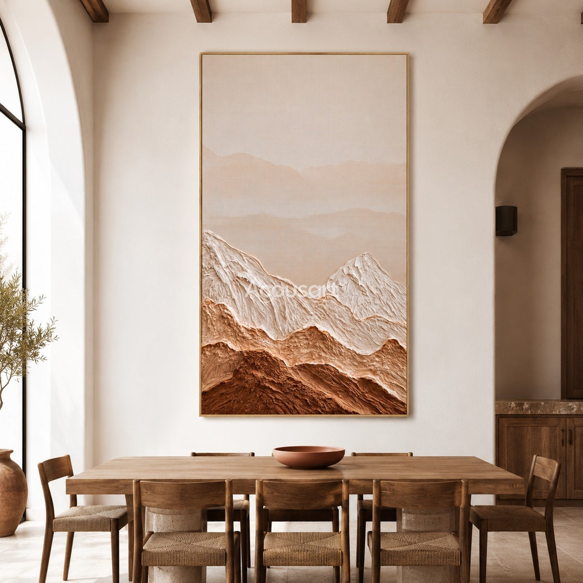 Neutral mountain textured wall art with raised cream peaks, warm brown desert hills, soft beige sky, and earthy tones