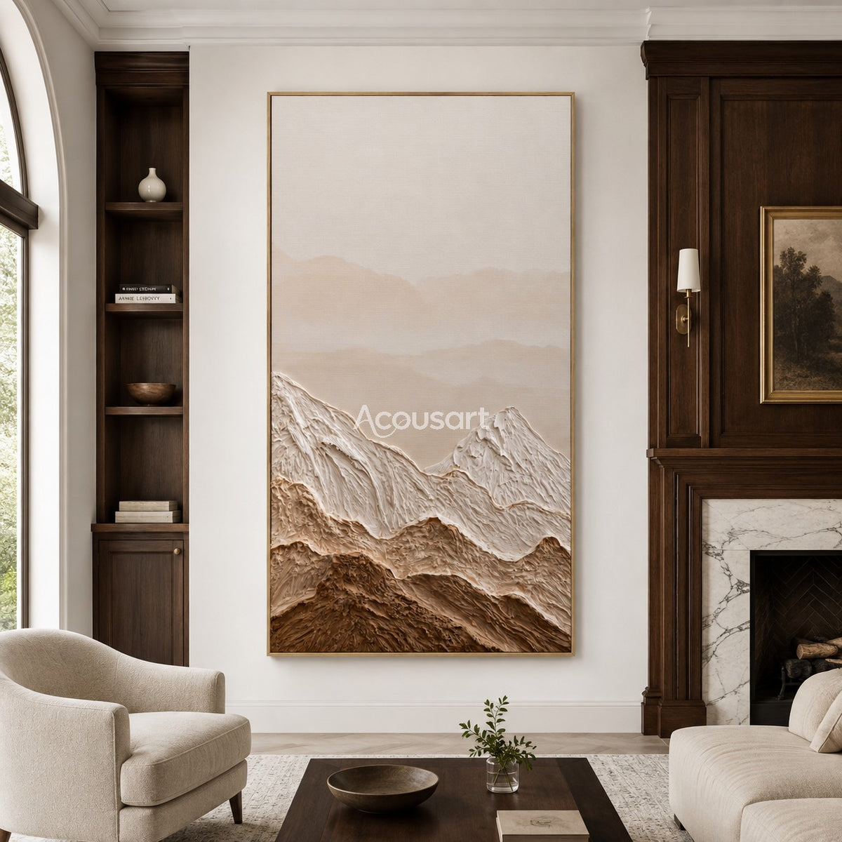 Neutral mountain textured wall art with raised cream peaks, warm brown desert hills, soft beige sky, and earthy tones