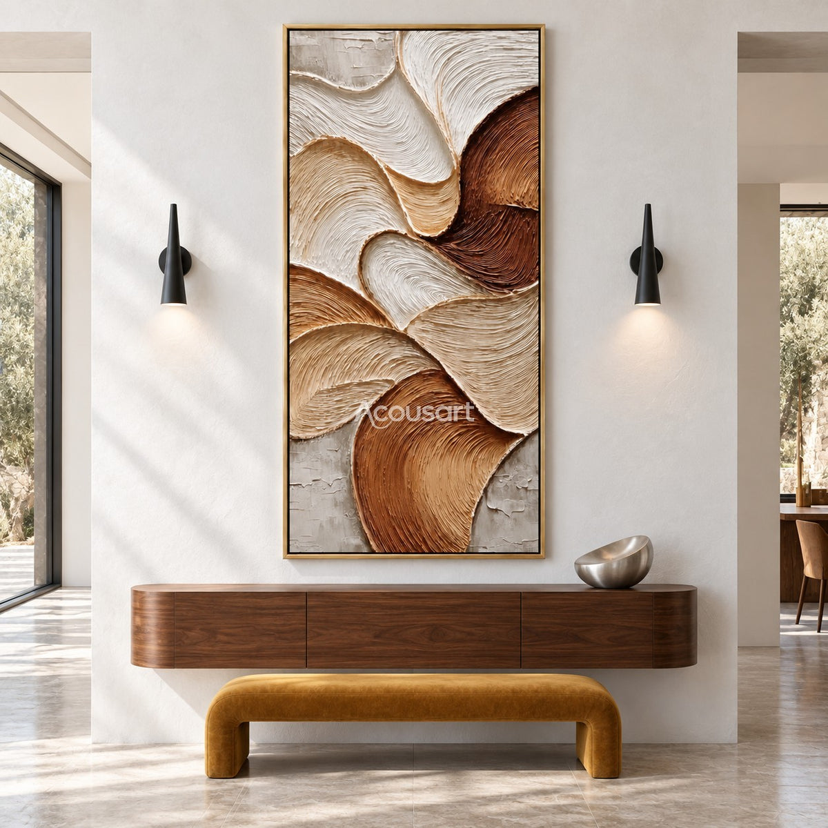 Flowing earth tone textured abstract wall art with curved lines in beige brown and ivory colors