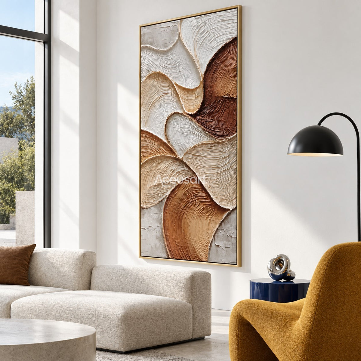 Flowing earth tone textured abstract wall art with curved lines in beige brown and ivory colors