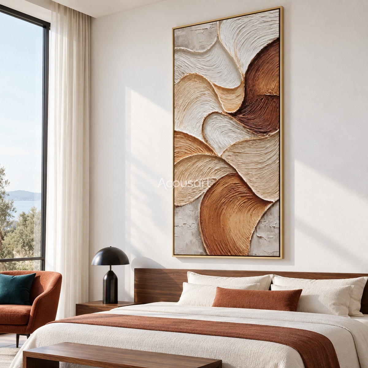 Flowing earth tone textured abstract wall art with curved lines in beige brown and ivory colors