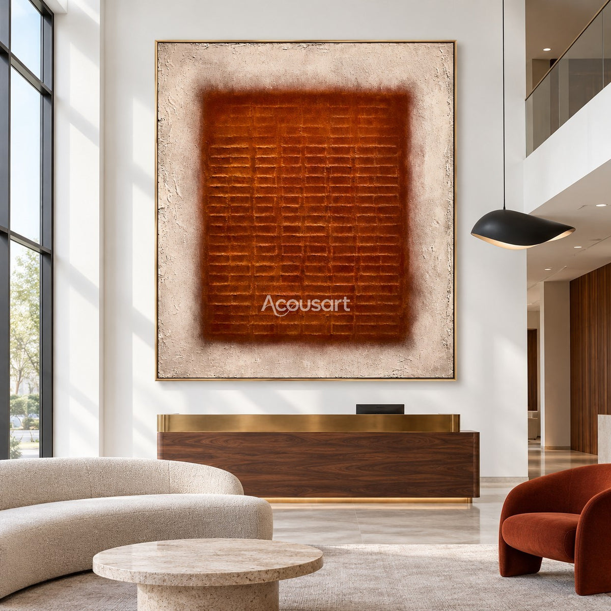 Burnt orange geometric abstract wall art with square grid design and neutral beige background