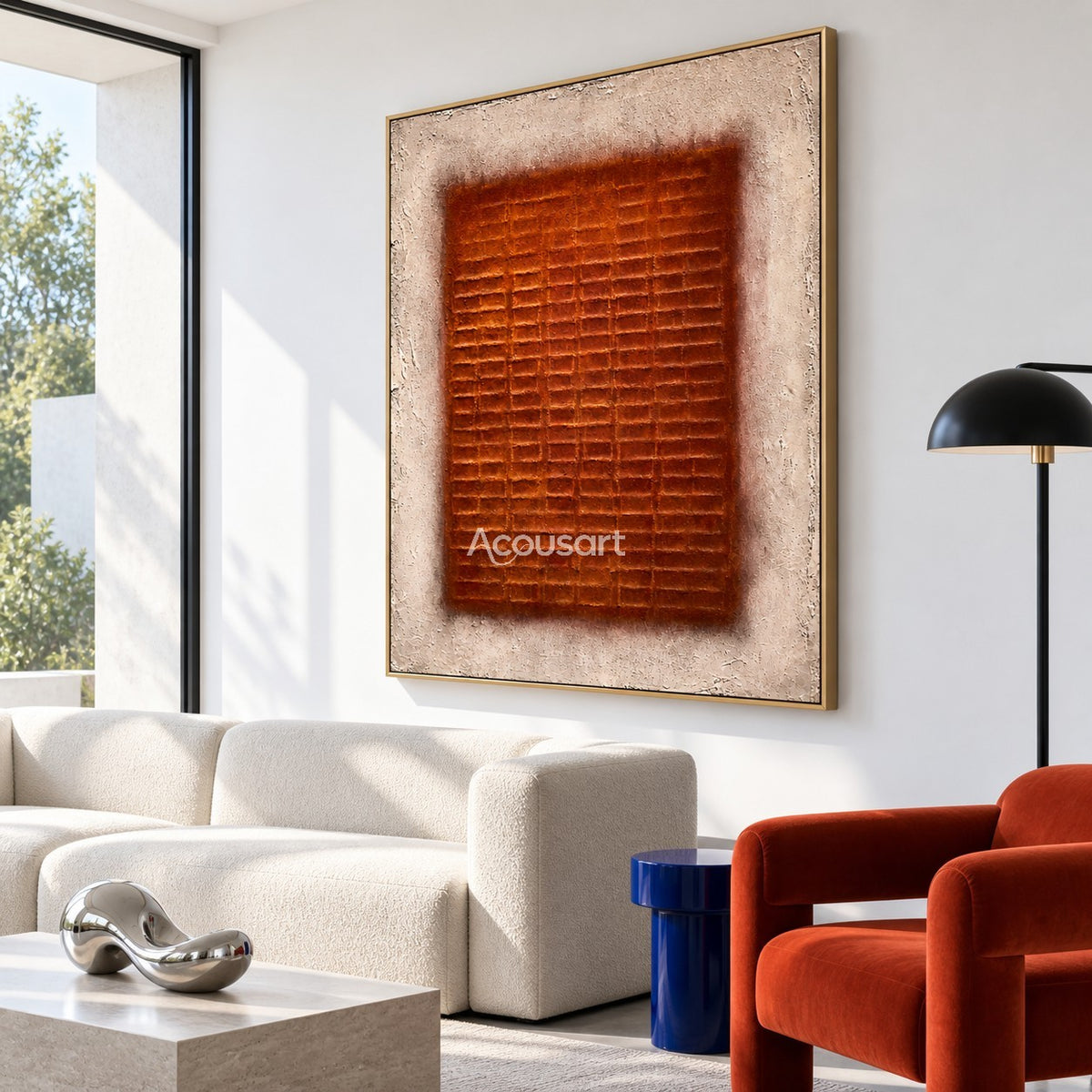 Burnt orange geometric abstract wall art with square grid design and neutral beige background