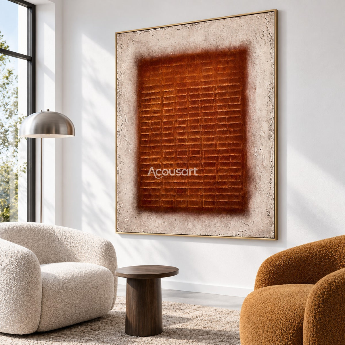 Burnt orange geometric abstract wall art with square grid design and neutral beige background