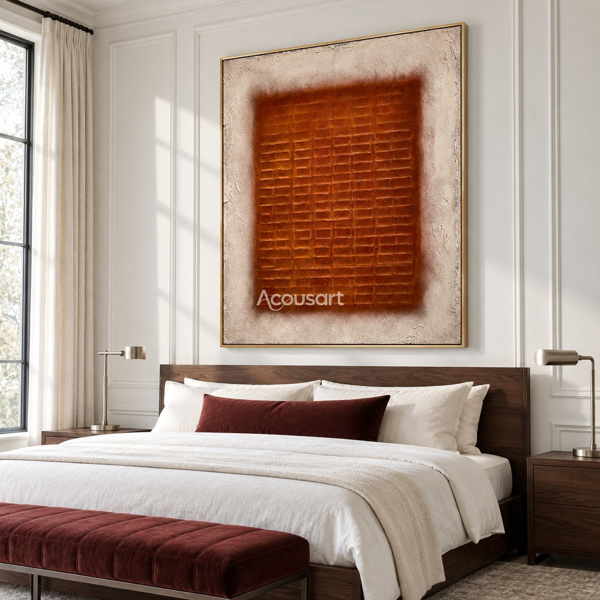 Burnt orange geometric abstract wall art with square grid design and neutral beige background