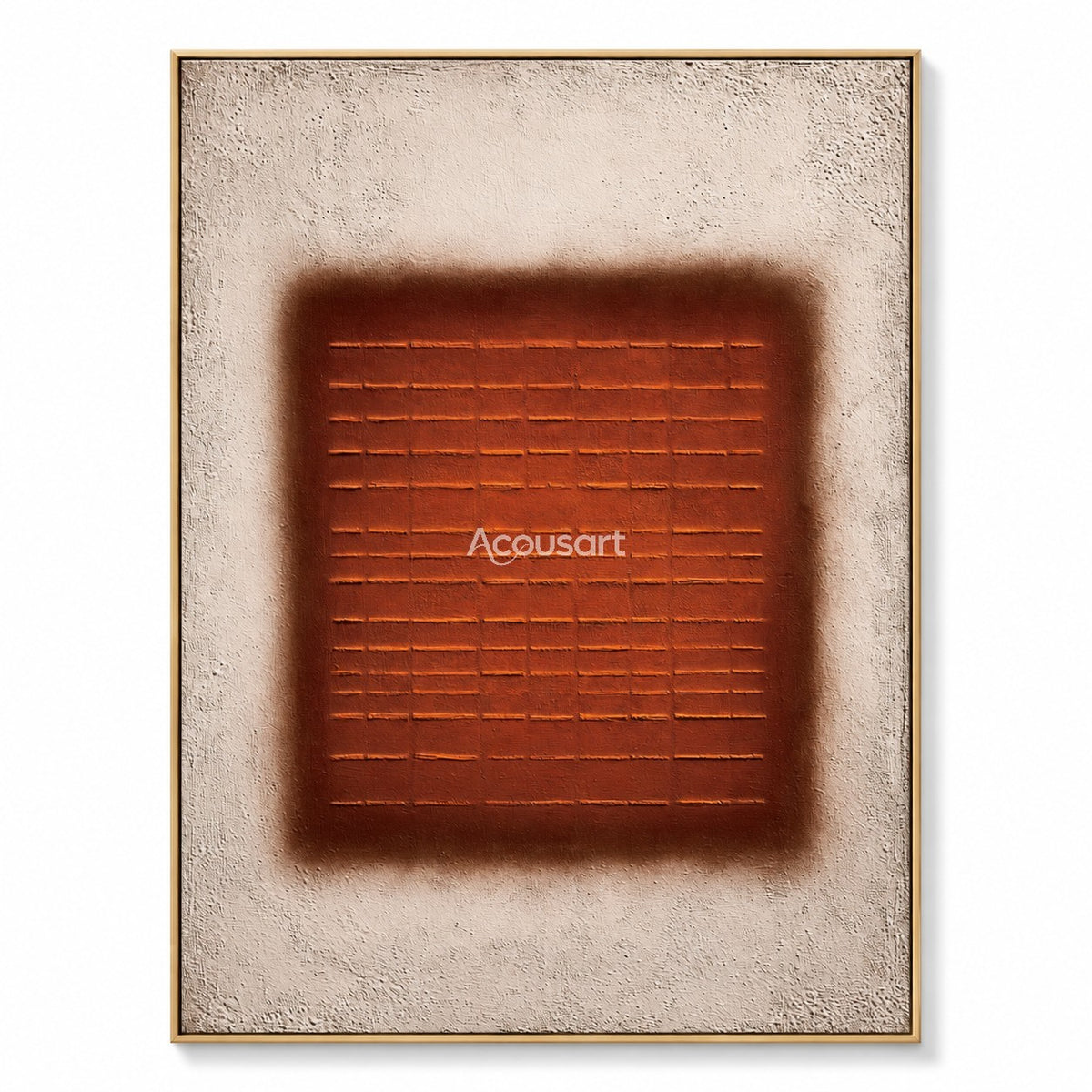 Burnt orange geometric abstract wall art with horizontal line pattern and neutral beige background