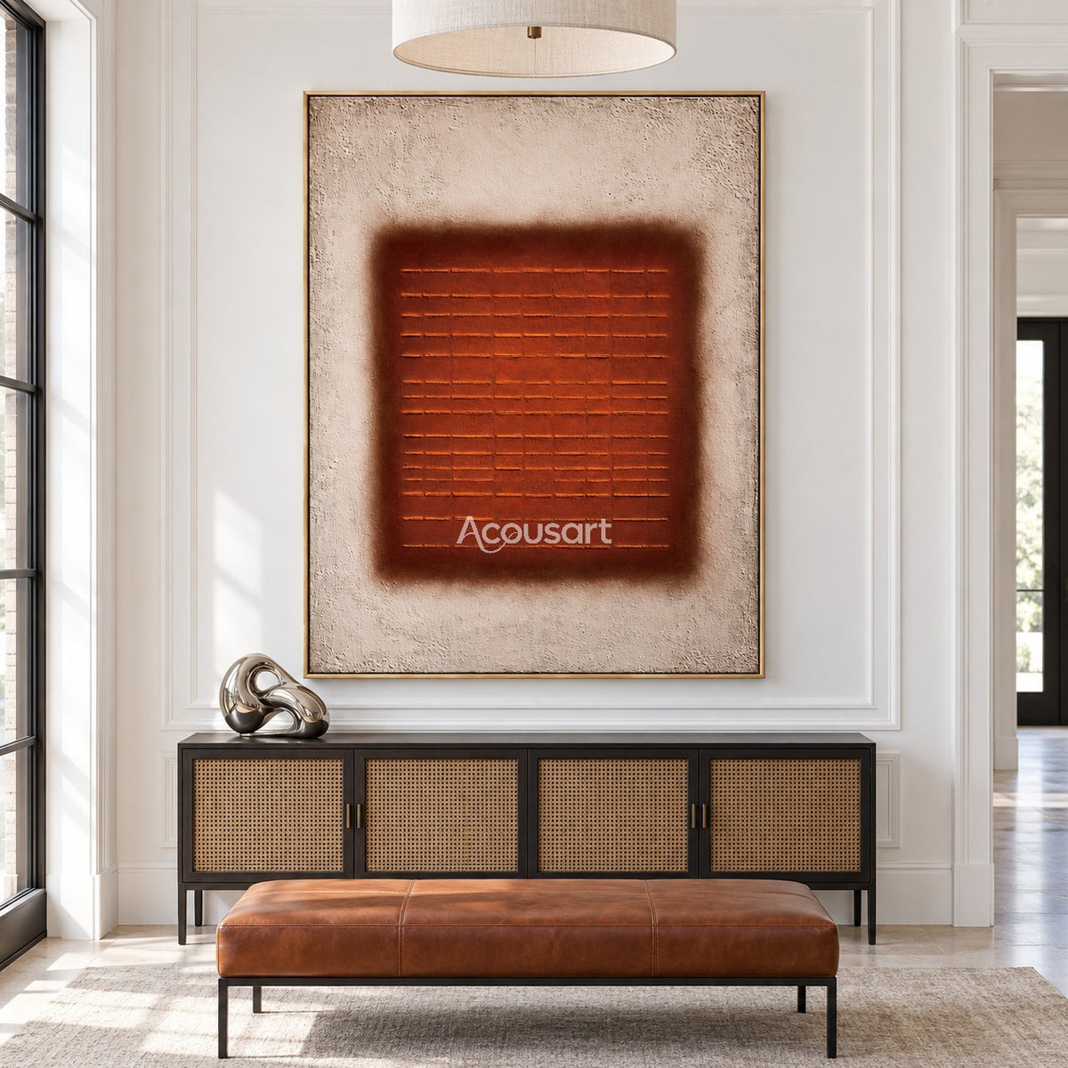Burnt orange geometric abstract wall art with horizontal line pattern and neutral beige background