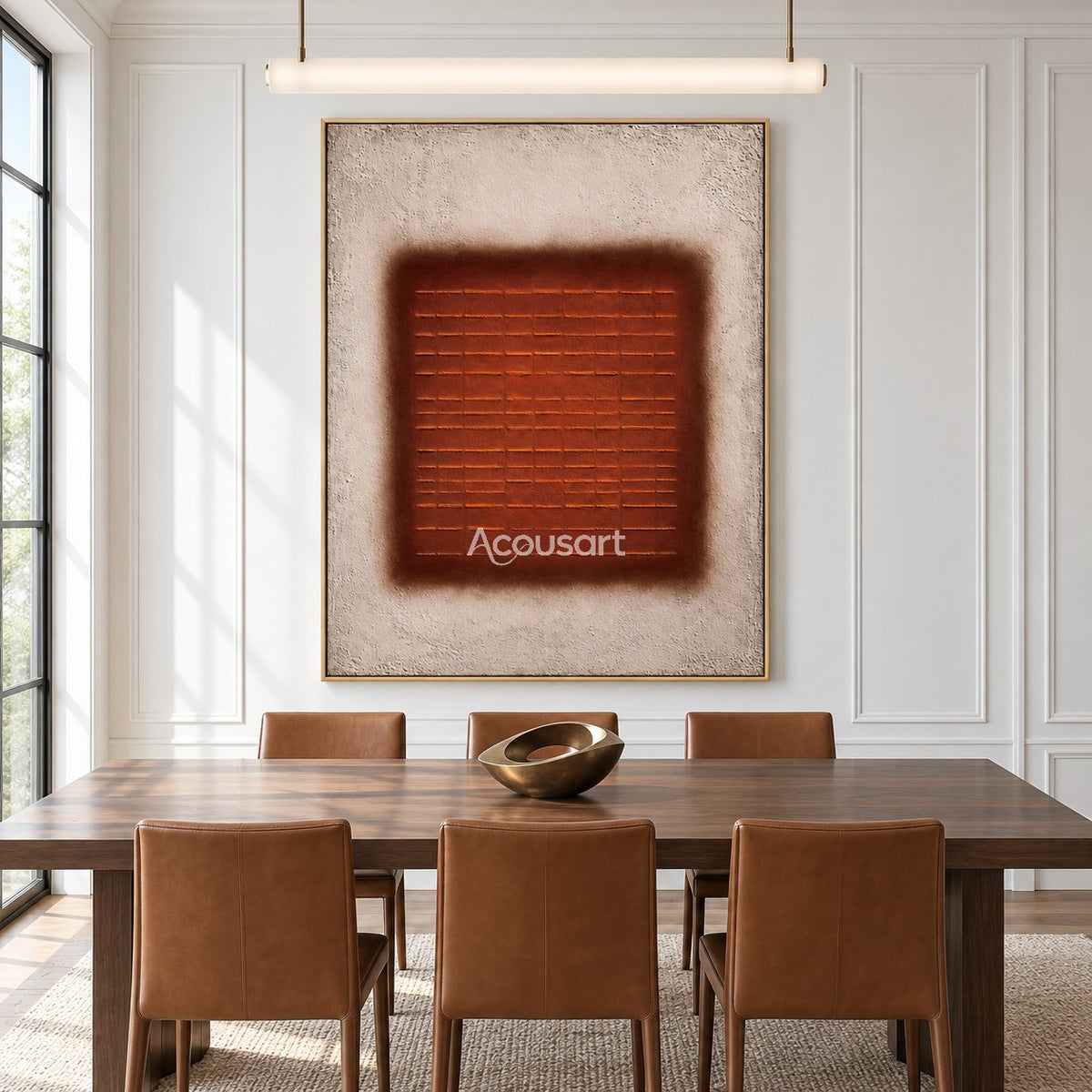 Burnt orange geometric abstract wall art with horizontal line pattern and neutral beige background