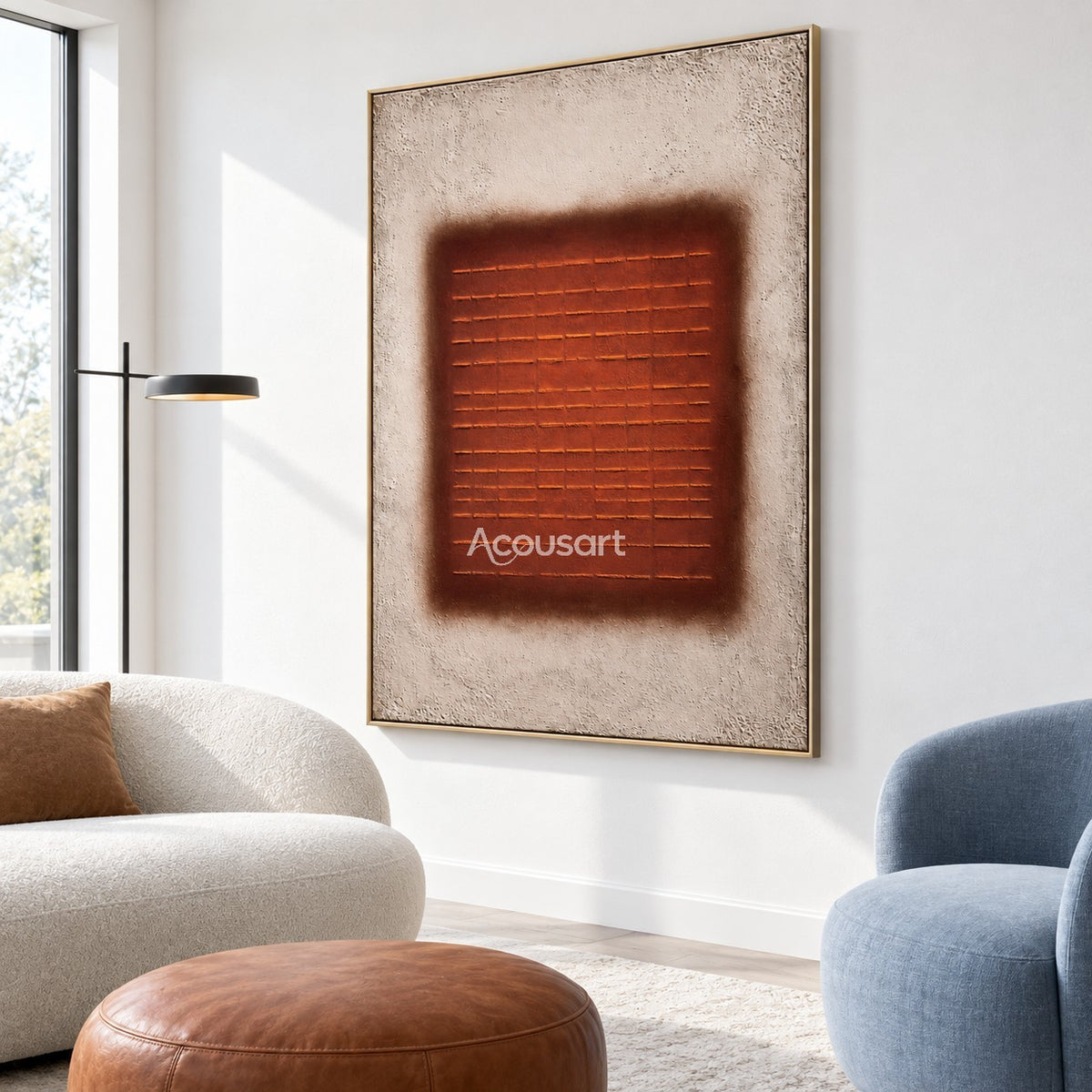 Burnt orange geometric abstract wall art with horizontal line pattern and neutral beige background