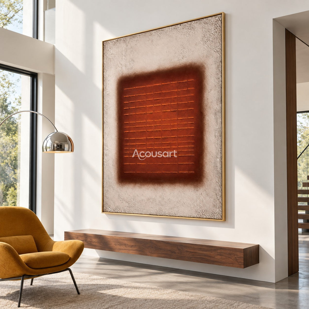 Burnt orange geometric abstract wall art with horizontal line pattern and neutral beige background
