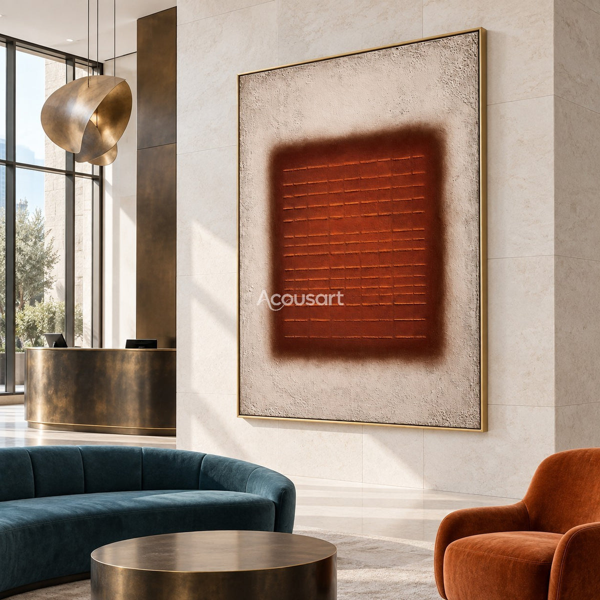 Burnt orange geometric abstract wall art with horizontal line pattern and neutral beige background