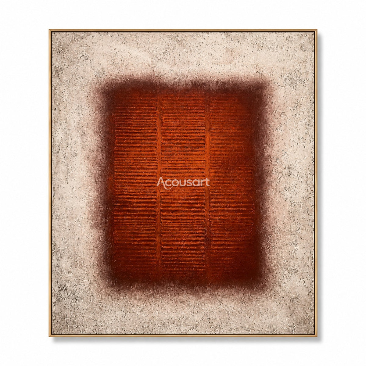 Burnt orange modern abstract wall art with geometric square design and neutral beige tones