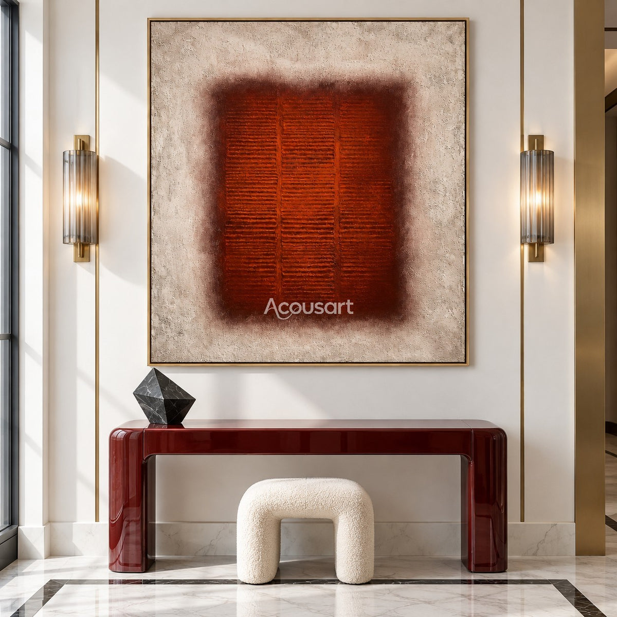 Burnt orange modern abstract wall art with geometric square design and neutral beige tones