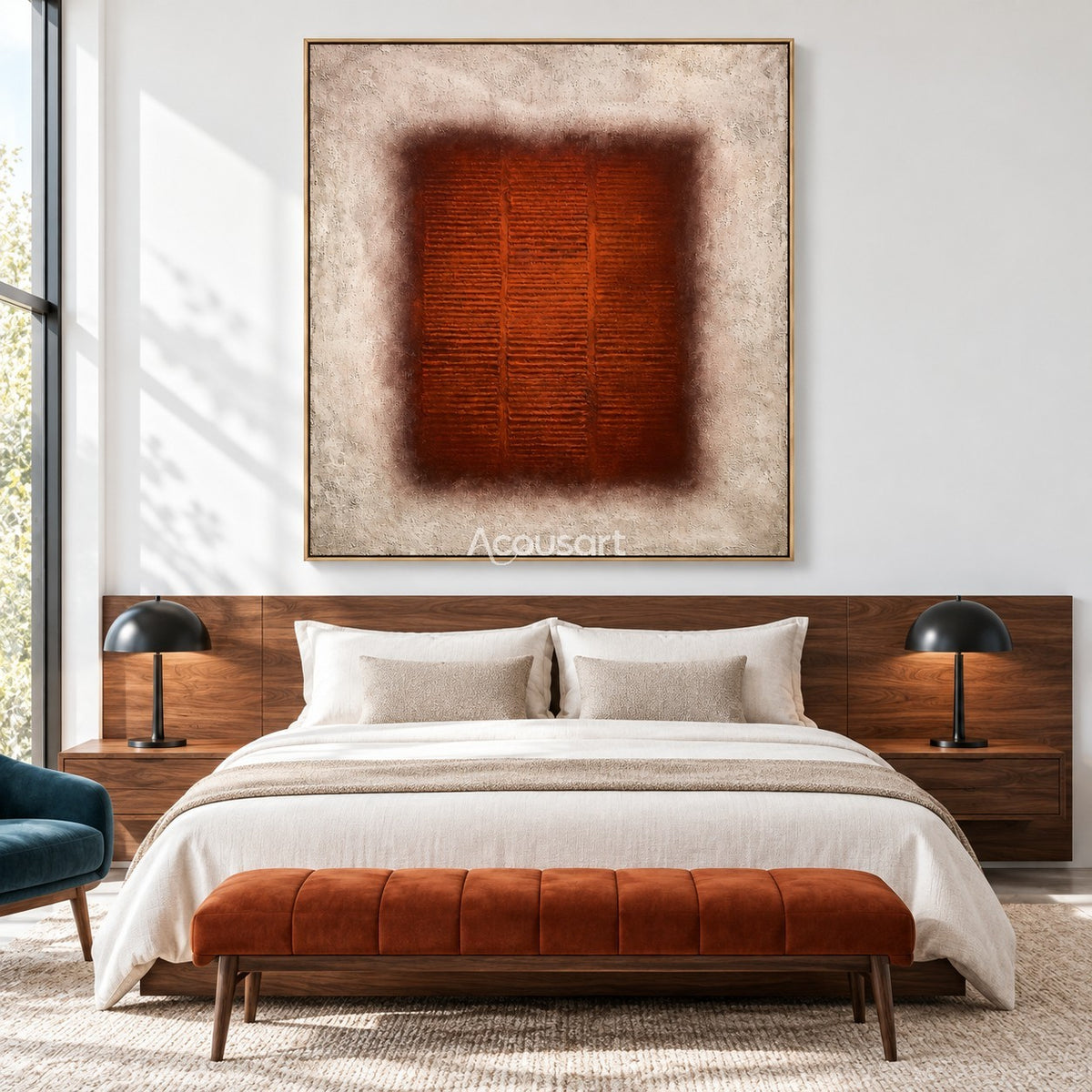 Burnt orange modern abstract wall art with geometric square design and neutral beige tones