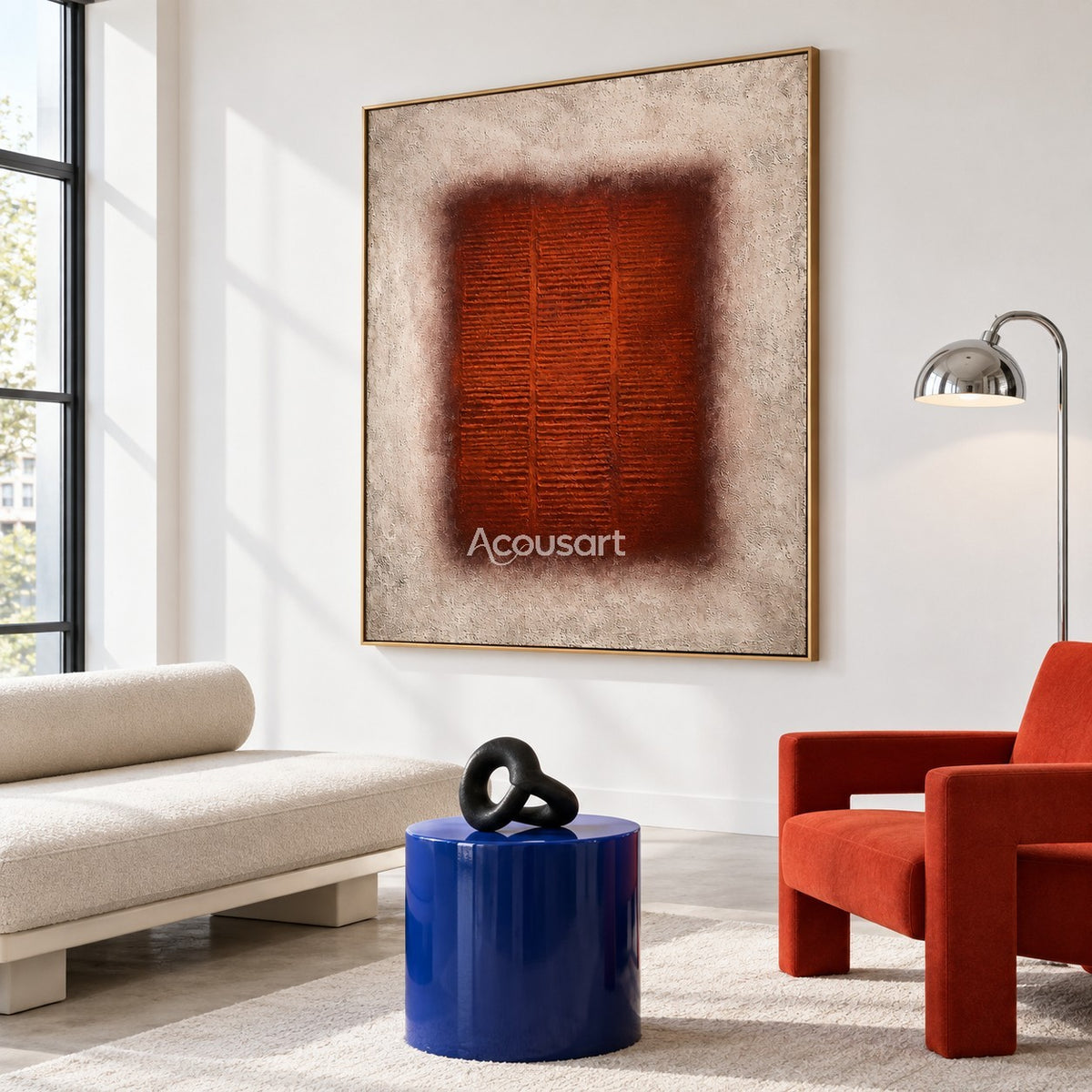 Burnt orange modern abstract wall art with geometric square design and neutral beige tones