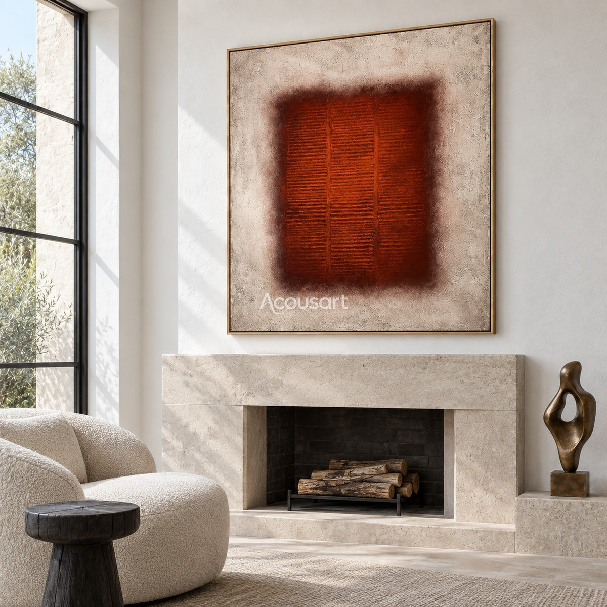 Burnt orange modern abstract wall art with geometric square design and neutral beige tones