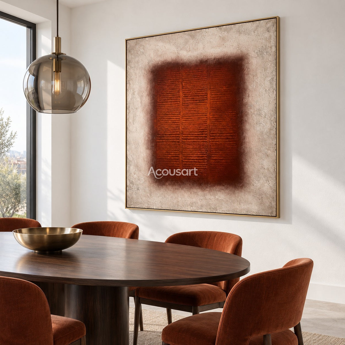 Burnt orange modern abstract wall art with geometric square design and neutral beige tones