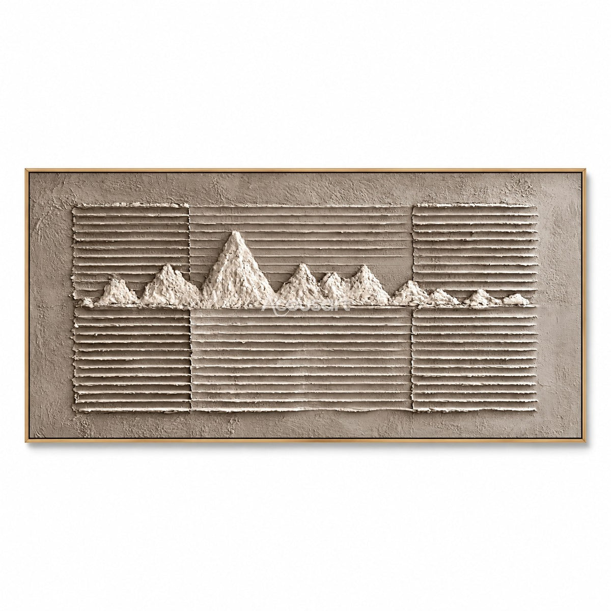 Neutral textured landscape wall art with raised white mountain peaks, horizontal line patterns, gray taupe background, and modern minimalist style