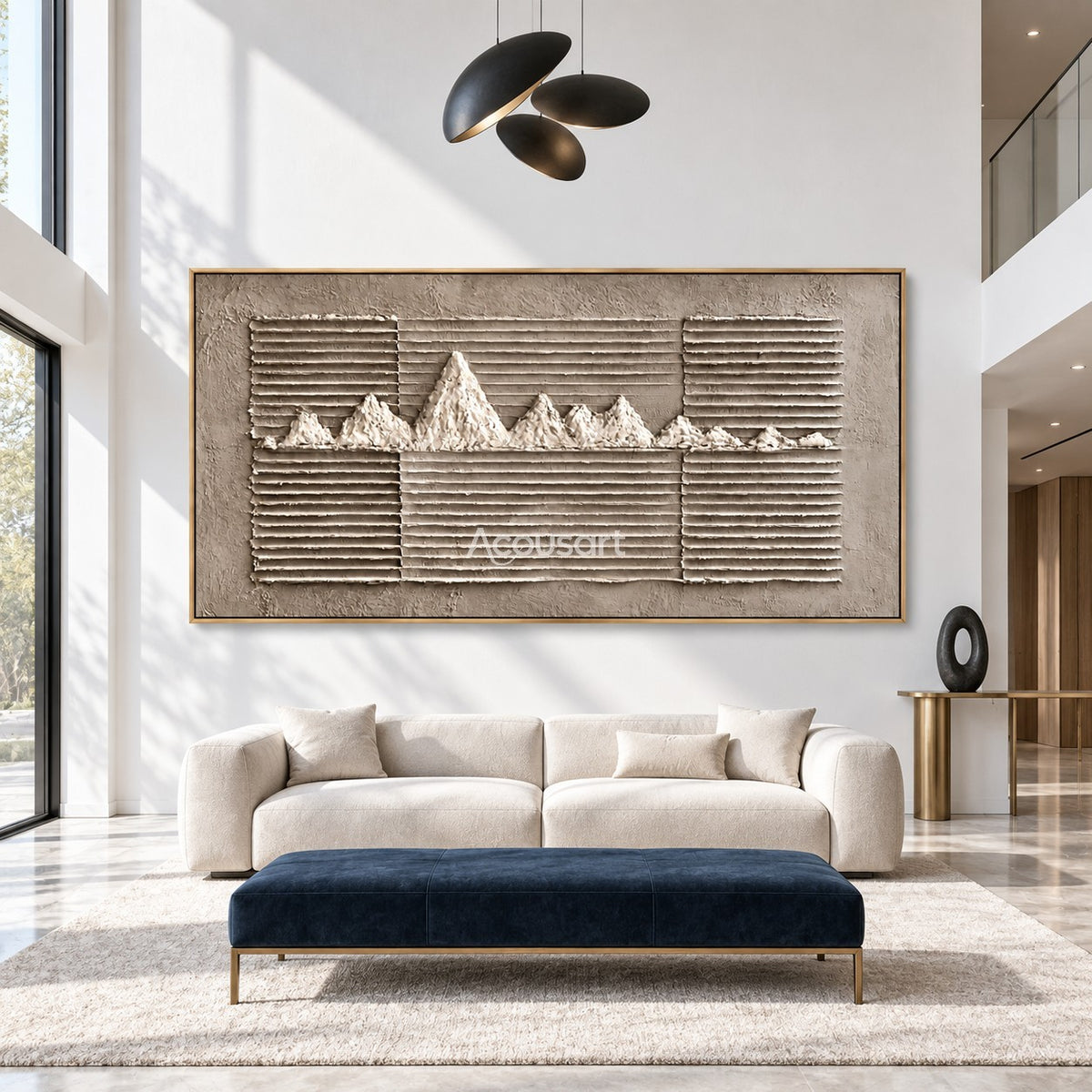 Neutral textured landscape wall art with raised white mountain peaks, horizontal line patterns, gray taupe background, and modern minimalist style