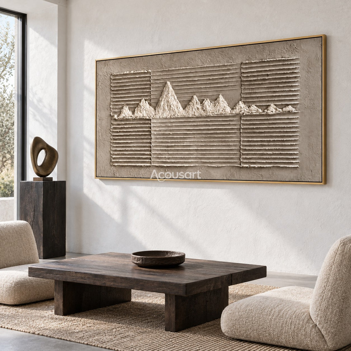 Neutral textured landscape wall art with raised white mountain peaks, horizontal line patterns, gray taupe background, and modern minimalist style