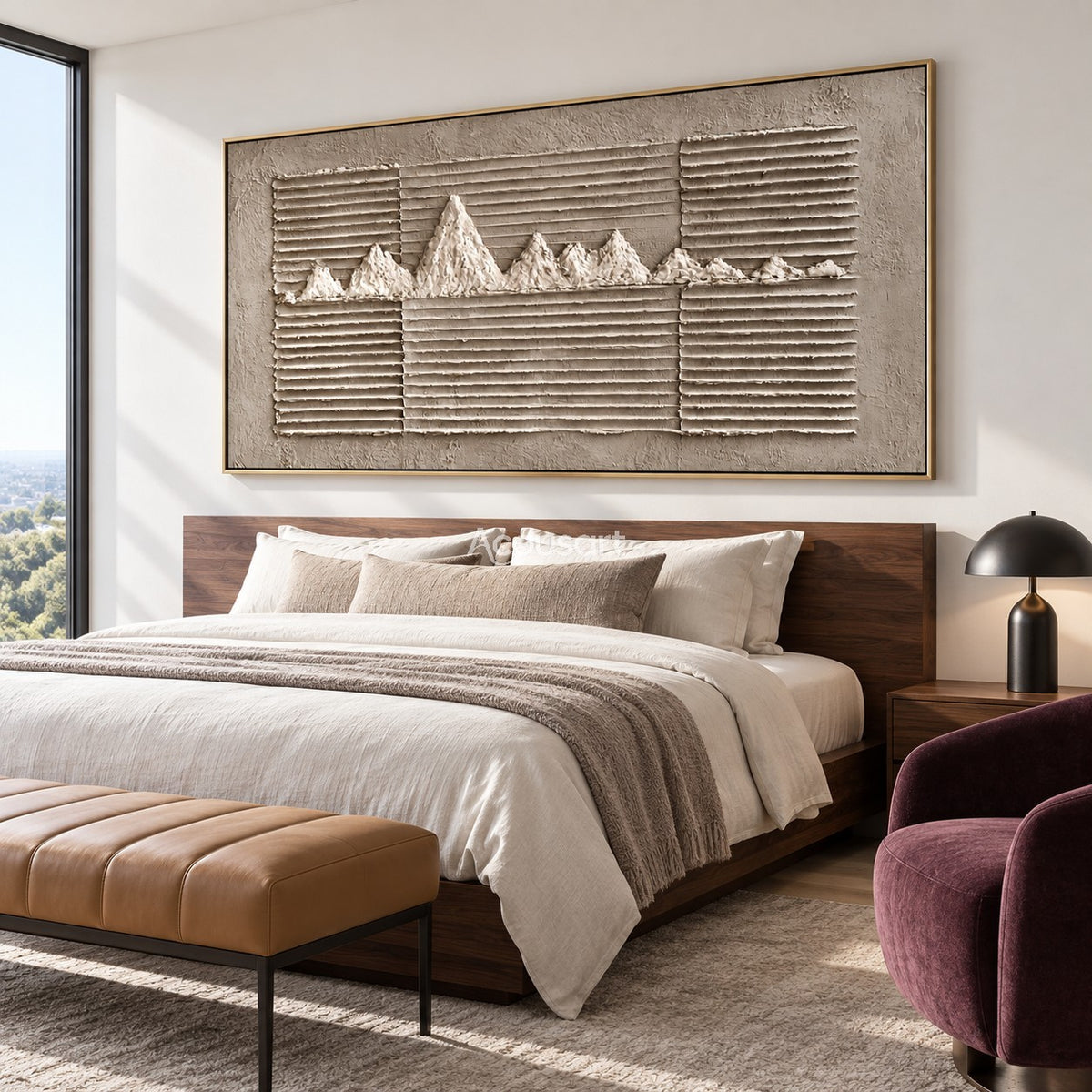 Neutral textured landscape wall art with raised white mountain peaks, horizontal line patterns, gray taupe background, and modern minimalist style