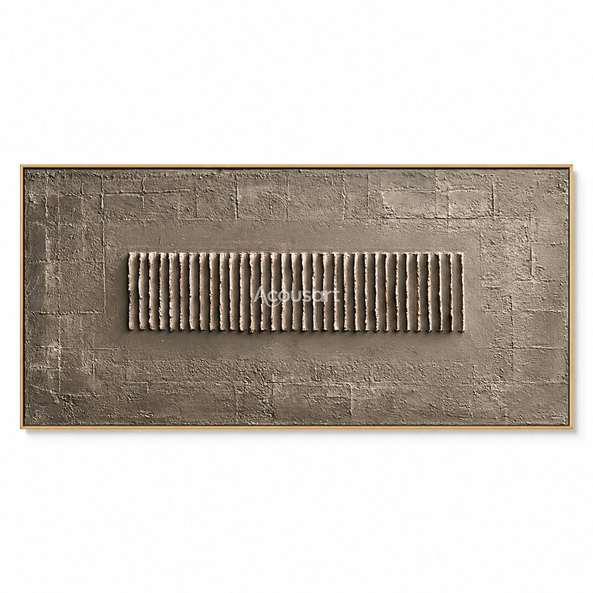 Neutral textured abstract wall art with raised vertical line pattern, gray taupe background, and minimalist horizontal design